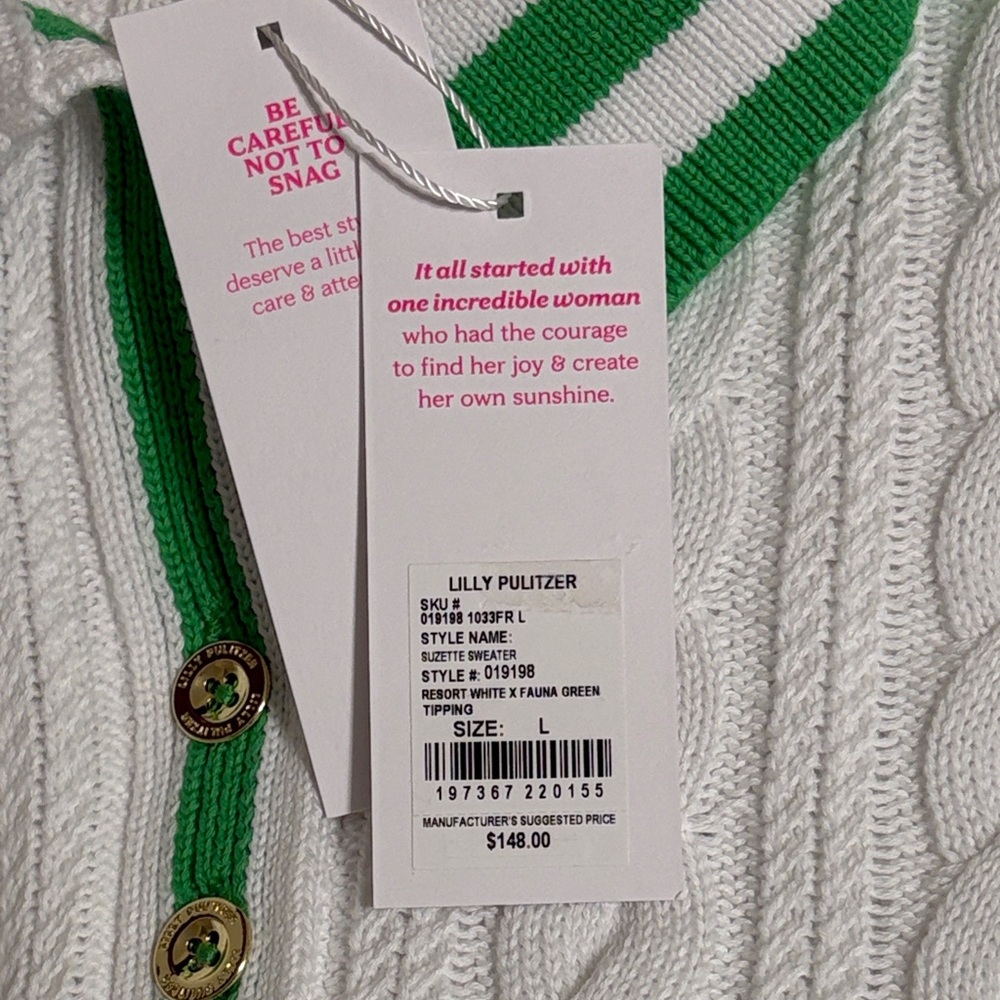 Lilly Pulitzer White Cable-Knit Polo Sweater with Green Trim - Picture 2 of 2